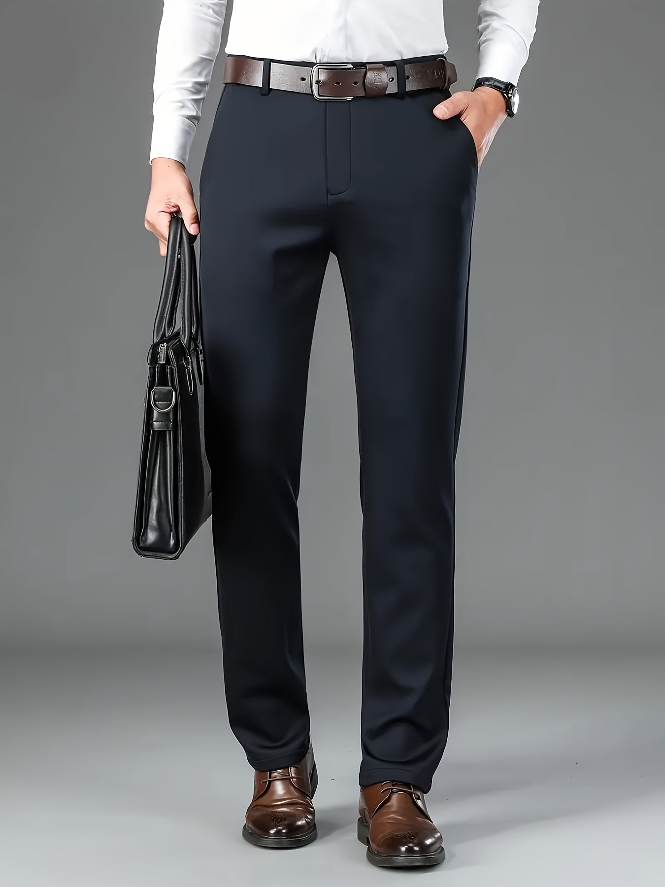 [Durable Build] Men's All-Season Casual Dress Pants - Business Style Stretch Trousers, Comfortable Classic Design, Light Brown Polyester Blend, Machine Washable, Smooth Finish, Regular Fit for Office or Leisure Wear