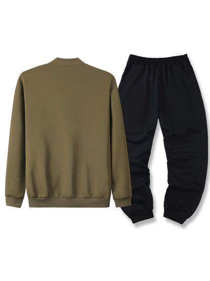 Men's Spring/Fall Casual Zip-Up Jacket & Drawstring Sweatpants Set in Olive Green & Black - Durable Polyester, Machine Washable, with Pockets for Everyday Style