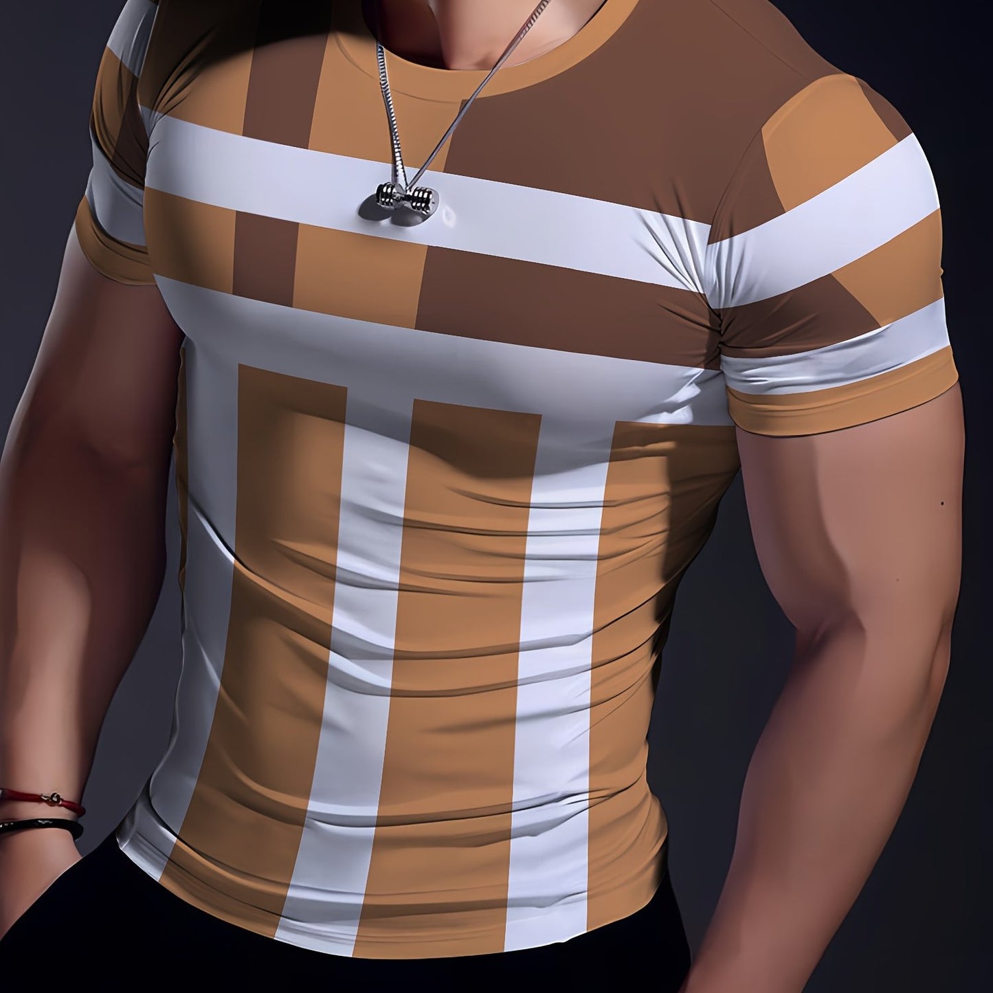 Striped Patchwork Design Pattern Print, Men'S Sports Fashion, Geometric Print High Elasticity Tight Fit Short Sleeved Round Neck T-Shirt, Summer Fitness, Training And Fitness Wear Quick Drying Sports Top with Coolness