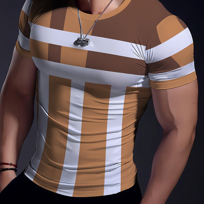 Striped Patchwork Design Pattern Print, Men'S Sports Fashion, Geometric Print High Elasticity Tight Fit Short Sleeved Round Neck T-Shirt, Summer Fitness, Training And Fitness Wear Quick Drying Sports Top with Coolness