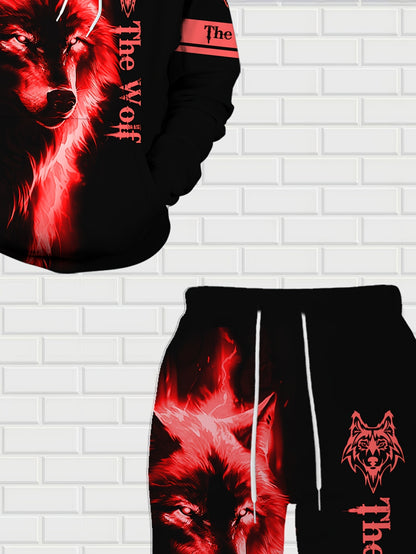 Men'S Wolf Print Hooded Sweatshirt and Joggers Set, Casual Polyester Knit Fabric, Slight Stretch, Regular Fit, Comfortable Long Sleeve Pullover for Spring/Fall, Weekend Casual Wear