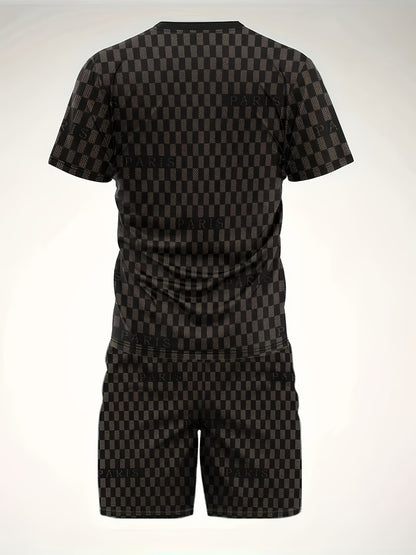 2pcs Men's Summer Casual Outfit: Ink Splash & Checkered Pattern Short Sleeve T-Shirt and Drawstring Shorts Set - Lightweight Polyester, Machine Washable, Ideal for Beach & Casual Attire
