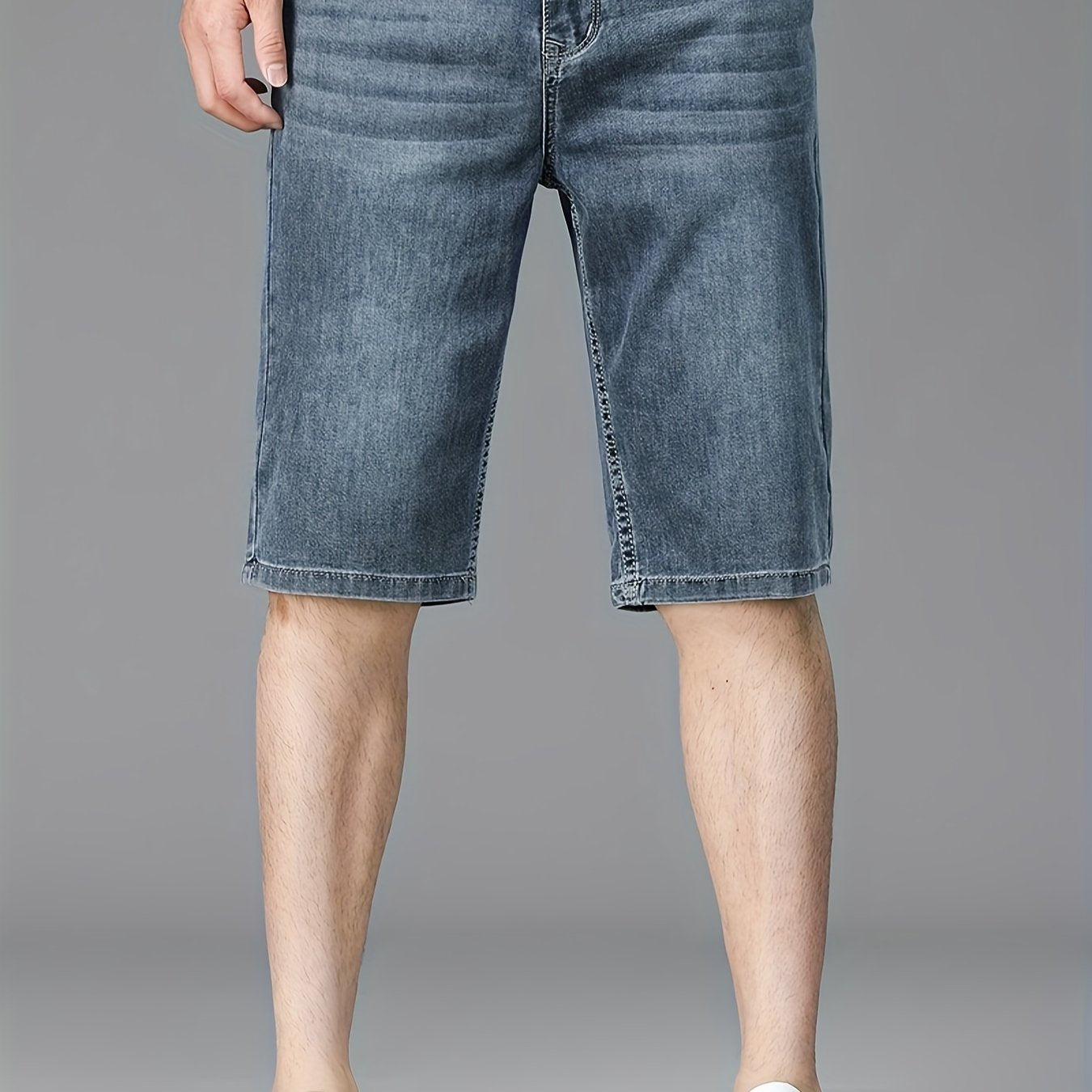 Men's Slim-Fit Denim Shorts - Casual Business Style, Mid-Waist, Stretch Fabric, Knee-Length with Pockets