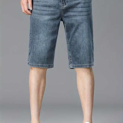 Men's Slim-Fit Denim Shorts - Casual Business Style, Mid-Waist, Stretch Fabric, Knee-Length with Pockets