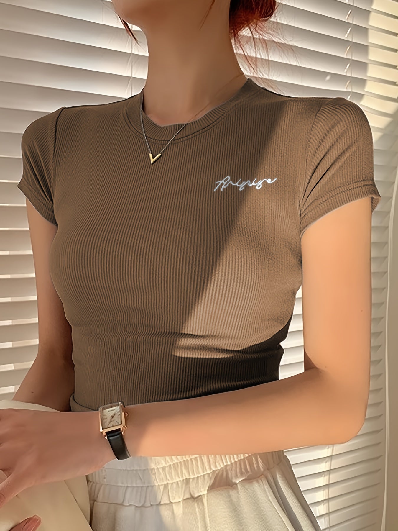 Women's Summer Slim Fit Short Sleeve T-Shirt - High Elasticity Breathable Fabric with Black Letter Embroidery, Versatile Casual & Office Wear, Elegant Collection, Cute Short Sleeve Tops, Everyday Comfort Tee, Slim Fit Tee, Sm