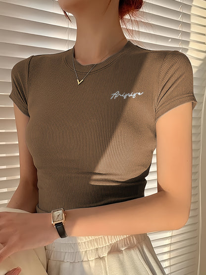 Women's Summer Slim Fit Short Sleeve T-Shirt - High Elasticity Breathable Fabric with Black Letter Embroidery, Versatile Casual & Office Wear, Elegant Collection, Cute Short Sleeve Tops, Everyday Comfort Tee, Slim Fit Tee, Sm