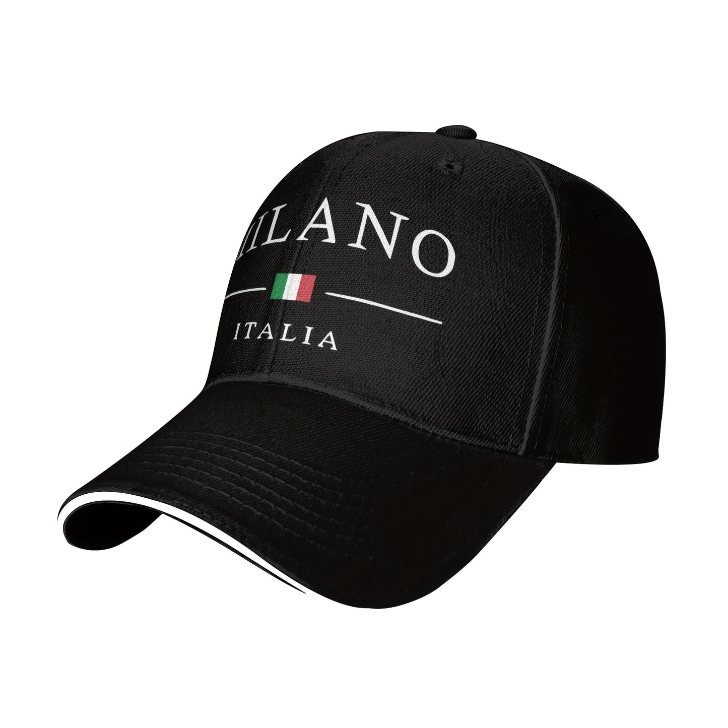 Adjustable Milan, Italy Print Baseball Cap - Breathable Polyester Dad Hat with Italian Flag Design, Black & White, Perfect for Outdoor Activities, Casual Wear, and Gifts