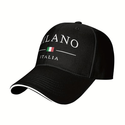 Adjustable Milan, Italy Print Baseball Cap - Breathable Polyester Dad Hat with Italian Flag Design, Black & White, Perfect for Outdoor Activities, Casual Wear, and Gifts