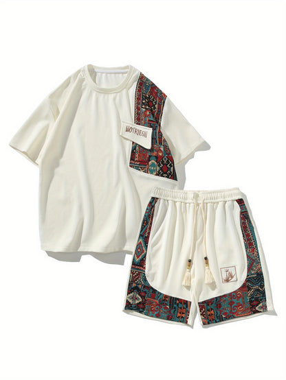 2pcs Men's Summer Casual Outdoor Set, Fashion Ethnic Style Round Neck Short Sleeve T-Shirt and Shorts Suit with Embroidery Design Loose Fit, Short Sleeve + Drawstring Shorts Combo, Suitable for Summer Outdoor Activities