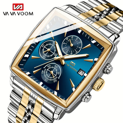 VA VA VOOM Brand New Arrival 1pc Fashionable Golden & Blue & Silveryy & Black Stainless Steel Strap, Oversized Square Dial, Multifunctional Six Needle Three Eyes, with Calendar Window, Luminous Function, High-Quality Fashiona