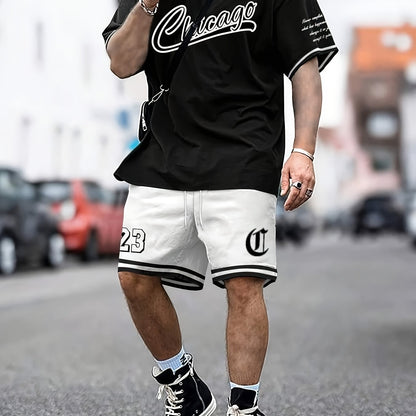 Men's Outfit, Chicago Graphic Print Casual Crew Neck Short Sleeve T-Shirt & Shorts 2-piece Set For Summer Outdoor Activities