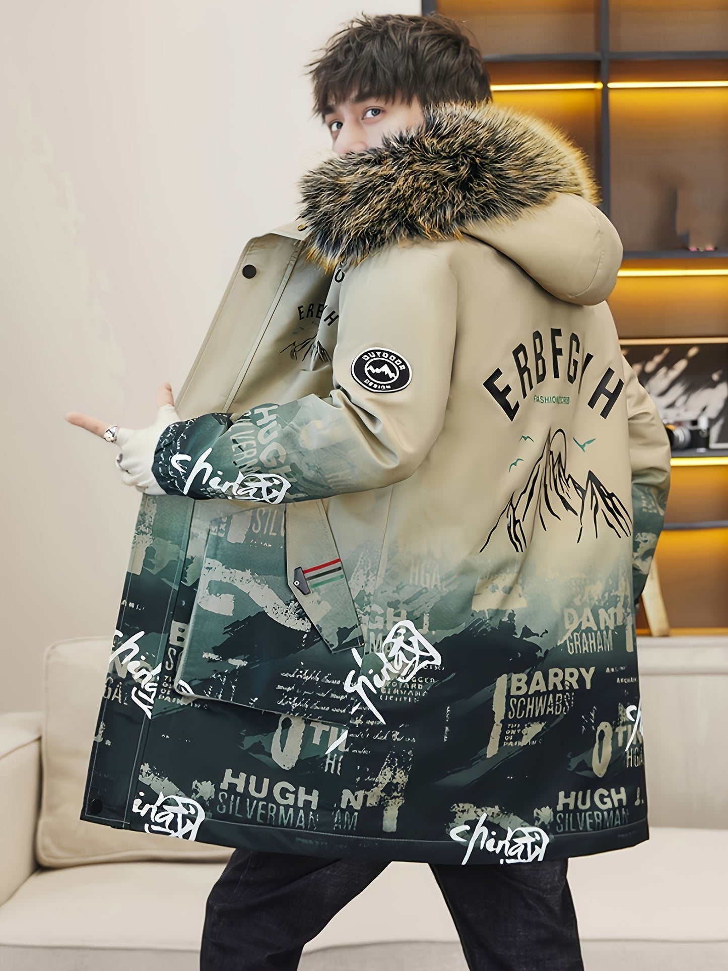 Men's Heavy-Duty Hooded Winter Jacket with Mountain Logo Back Print, Full-Zip Long Coat & Pockets - Large Hood for Extreme Cold, Machine Washable -Filled Outerwear (Casual/Climbing/Skiing) - Black, Winter Boots For Men, Men W