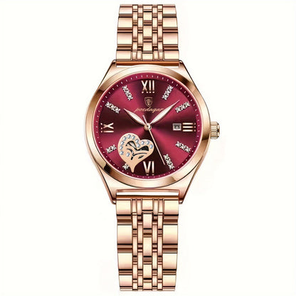 POEDAGAR Elegant Women's Quartz Watch - Rose Golden-Tone Stainless Steel, Luminous Hands & Calendar,, Date Display with Heart Detail