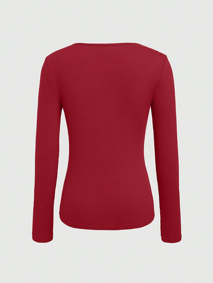 1pc Essence Women'S Elegant Ribbed Long Sleeve T-Shirt, Polyester and Spandex Blend, Hollow-Out Detail, Solid Color, Crew Neck, Regular Length, Knitted Fabric - Autumn/Winter Collection
