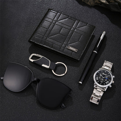 5pcs Elegant Men's Gift Set: Quartz Watch with Date Display, Stylish Wallet, Sleek Pen, Keychain & Pilot Fashion Glasses - Non-Waterproof, Alloy Case & Band, Perfect for Valentine's Day