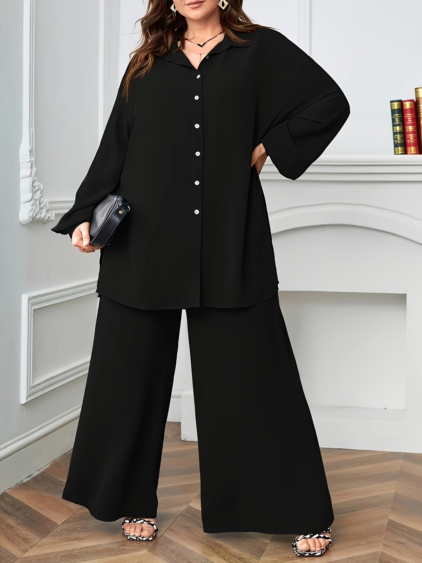 Plus Size, Plus Size Women's Fashionable and Elegant Loose V-Neck Two-Piece Set