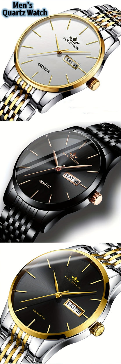 FOURRON Men's Luxury Stainless Steel Quartz Watch with Date & Calendar - Luminous, Fashionable Casual Design for Business, Travel & Casual Attire - Perfect Birthday Or Holiday Gift Valentine's Day