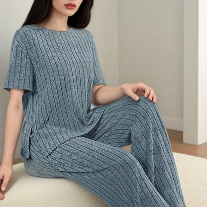 Women's Solid Ribbed Elegant Loose Fit Lounge Set, Short Sleeve Round Neck Top & Pants, Comfortable Relaxed Fit