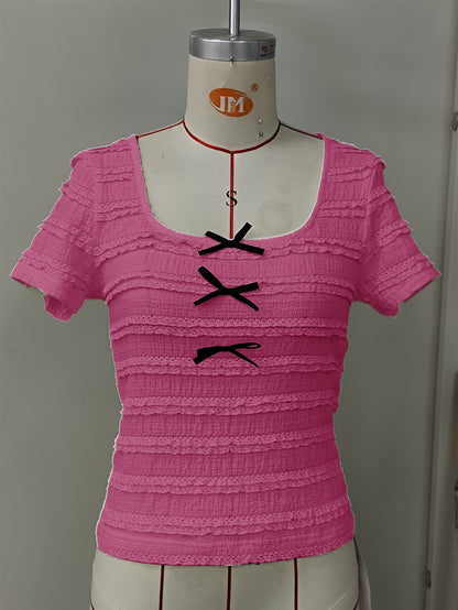 Women'S Elegant Ruffle Trim Short Sleeve T-Shirt with Front Bow Detail - Lightweight Casual Beach Vacation Top, Solid Color, Spring/Summer Collection, Beach Vacation Top | Ruffle Trim Top | Lightweight Fabric