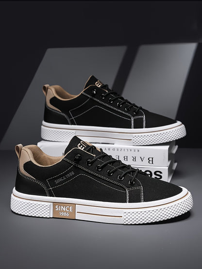 Men's Casual Low-Top Sneakers - Breathable Fabric & Durable PVC Sole, Black & Beige Contrast Design, Lace-Up Round Toe for All-Season Comfort, Versatile for Casual & Semi-Formal Wear, Comfortable Footwear, Fabric Upper