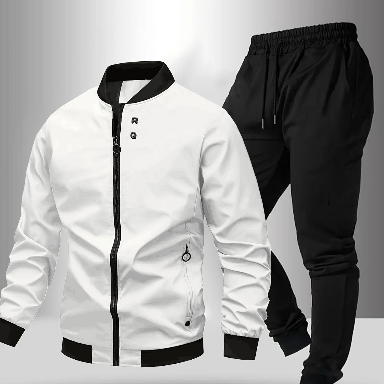 Men'S Casual Two-Piece Athletic Set - Black Baseball Collar Jacket with Zipper, Elastic Waistband Pants, Regular Fit for Spring/Fall, Spring Outerwear | Sporty Casualwear | Zippered Jacket