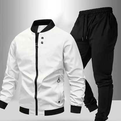 Men'S Casual Two-Piece Athletic Set - Black Baseball Collar Jacket with Zipper, Elastic Waistband Pants, Regular Fit for Spring/Fall, Spring Outerwear | Sporty Casualwear | Zippered Jacket