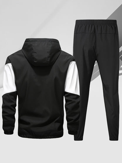 Men's Casual 2-Piece Outfit, Stylish Color Block Zip Up Hooded Jacket, Breathable Solid Color Drawstring Pants