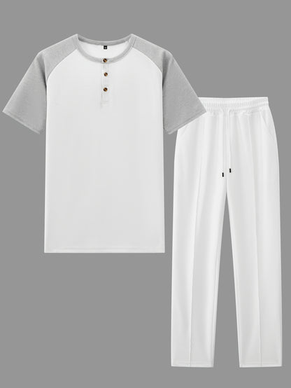 Men's Casual Mixed Color Spliced Set: Shirt and Drawstring Pants, Clean and Comfortable