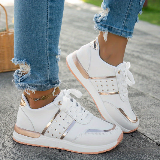 Women'S Chunky Platform Sneakers - Pastel Yellow & Pink Synthetic Cover Low-Top Lace-Up Shoes with Golden Accents, Breathable Fabric Lining, Durable PU Sole for All-Season Casual Wear, Ladies Sneakers, Comfortable Footwear