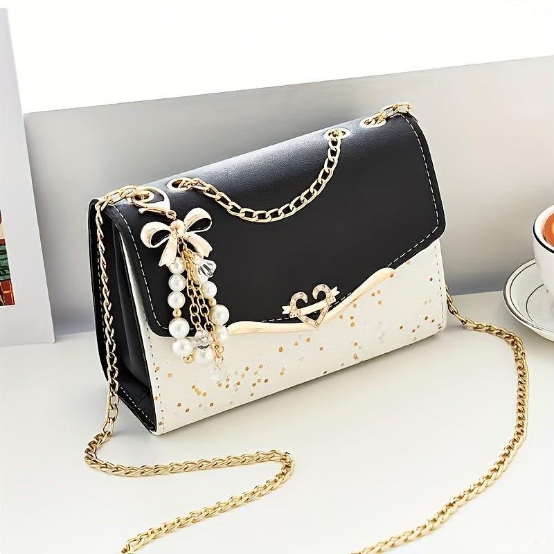 This bag is available in khaki, beige, black, and blue colors. A stylish bohemian beige PU crossbody bag with tassel charm - urban-style flap shoulder bag featuring a metal chain strap, lightweight and portable, ideal for sho