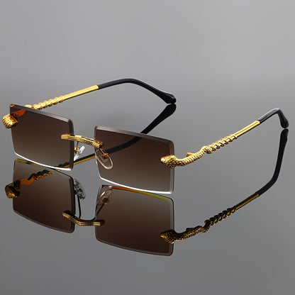 Unisex Square Frameless Fashion Glasses with Snake-Light Beige Metal Temples & Gradient Pink Tinted Lenses - Trendy Fashion Accessories for Street Style, Casual & Formal Outfits, Stylish Glasses, Decorative Eyewear, Goldtoned