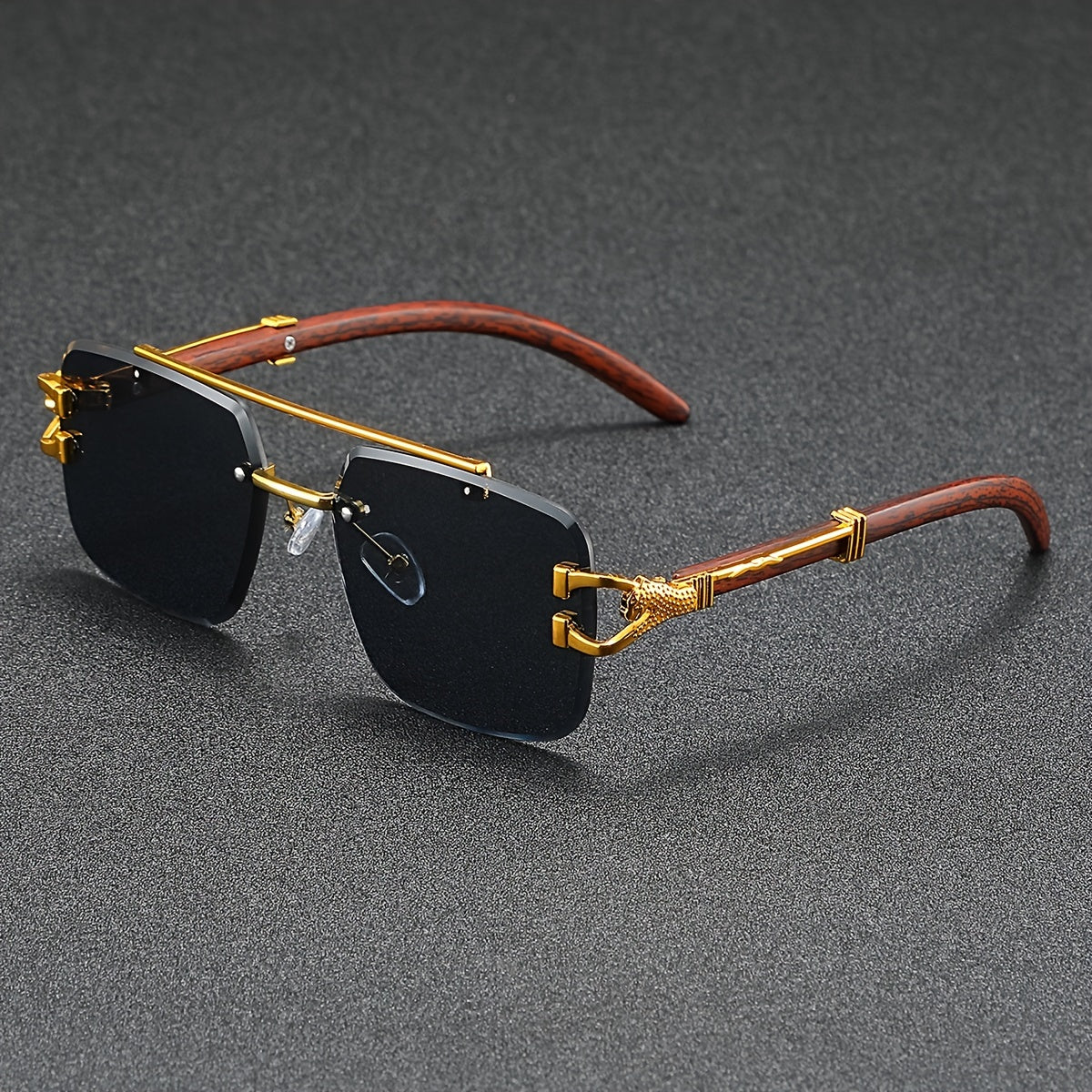 A Pair of Frameless, Beveled-Edge, Square Double-Beam Glasses, New Trendy Leopard-Print Fashion, Faux Wood Grain, Versatile for Men And Women, for Taking Photos.