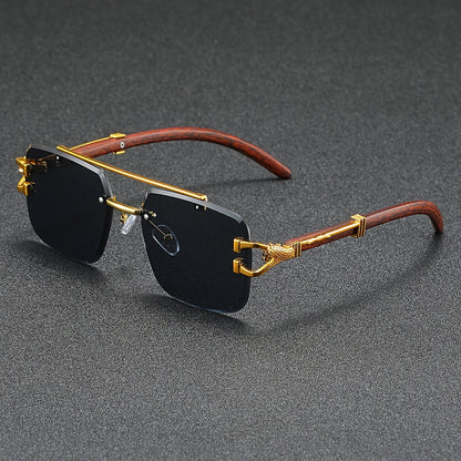 A Pair of Frameless, Beveled-Edge, Square Double-Beam Glasses, New Trendy Leopard-Print Fashion, Faux Wood Grain, Versatile for Men And Women, for Taking Photos.