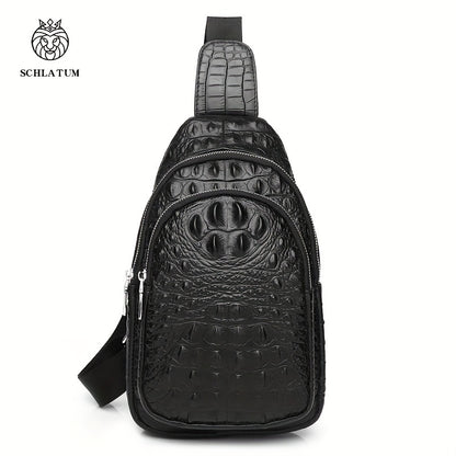 SCHLATUM Genuine Leather Crocodile Pattern Sling Bag - Black, Large-Capacity Multifunctional Crossbody Backpack for Travel, Sports & Camping, Stylish Zipper Closure Design