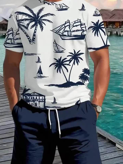 Men's 2025 Summer New Short Sleeve Shorts Set: Beach Casual 3D Coconut Tree Print, 2pcs Fashionable Palm Pattern T-Shirt and Shorts with Slight Stretch Polyester Knit Fabric, Slim Fit for Outdoor Activities & Family Gathering