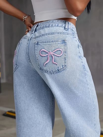 Women's High-Rise Light Wash Blue Denim Wide-Leg Pants with Butterfly Details - Street Style, Non-Stretch Fabric, Machine Washable