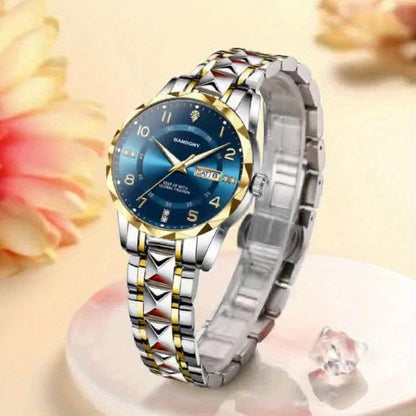 Banbony Women'S Quartz Watch - Luxury IPX7 Waterproof Stainless Steel Strap, Luminous Display, Rhinestone Accents, Date & Night Light, Minimalist Black Dial, Perfect Gift for Women, Casual Timepiece, Elegant Timepiece, Highqu