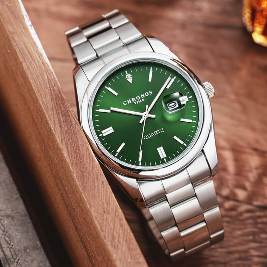 CHRONOS Vintage Men'S Quartz Watch with Calendar - 30.0meter Stainless Steel Strap, Round Zinc Alloy Case, Luminous Hands, Electronic Quartz Movement, Casual Business Style Wristwatch