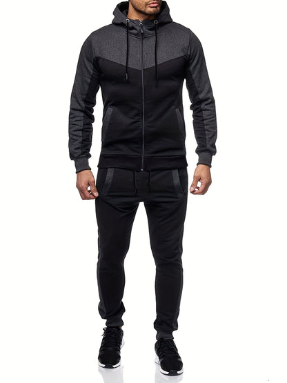 Men'S Casual Hoodie Set for Autumn And Winter, Featuring a Hooded Sweatshirt And a Sporty Cardigan in a Patchwork Design.