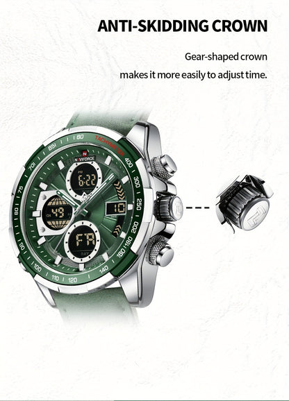 NAVIFORCE Men's Luxury Sports Quartz Watch - Waterproof, Genuine Leather Strap, Dual Display with Date & Chronograph Functions, Case, Green Accents, Luxury Timepiece|Tachymeter Equipped|Genuine Leather Band Valentine's Day