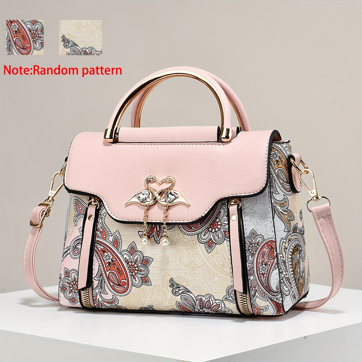 Elegant Floral Print Women'S Crossbody Bag with Magnetic Closure, Adjustable Strap, and Metal Swan Heart Charm, Synthetic Faux Leather Shoulder Purse with Polyester Lining and Painted Edges, Ladies Bag