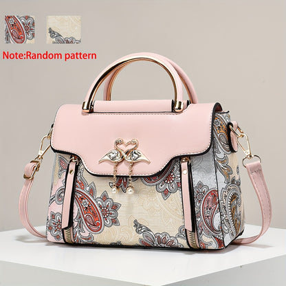 Elegant Floral Print Women'S Crossbody Bag with Magnetic Closure, Adjustable Strap, and Metal Swan Heart Charm, Synthetic Faux Leather Shoulder Purse with Polyester Lining and Painted Edges, Ladies Bag