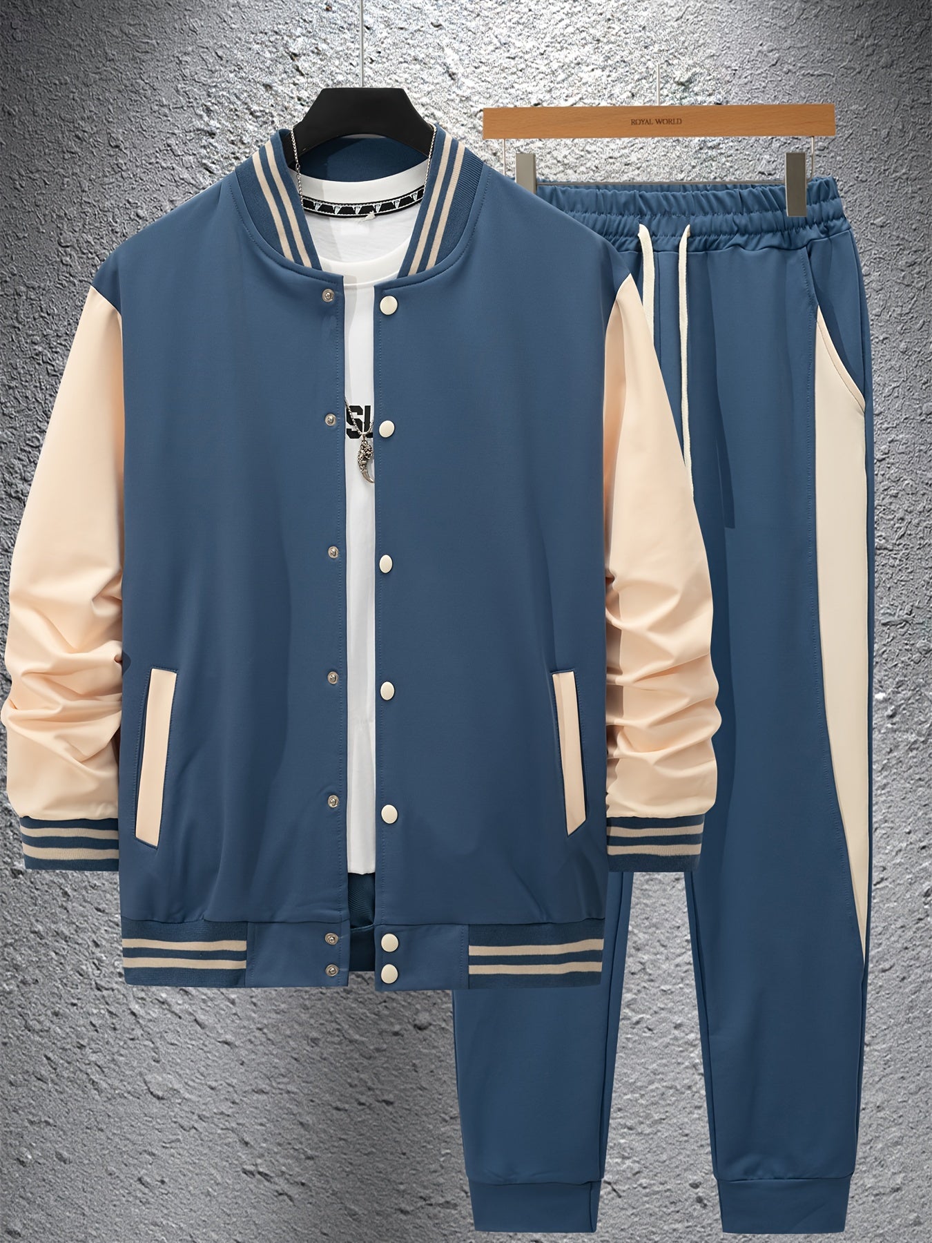 Men'S Casual Baseball Collar Jacket and Pants Set, Color Block Long Sleeve Sweatshirt and Sweatpants, Polyester Woven Suit with Button Detail, Spring/Fall Collection