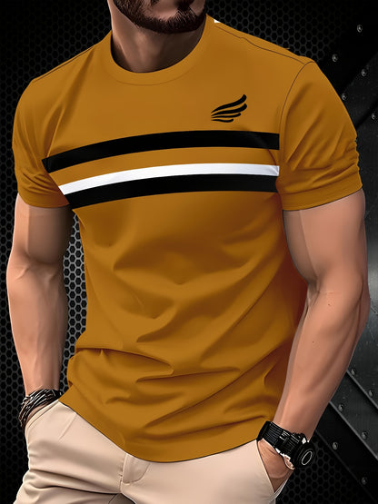 Men'S Casual Crew Neck T-Shirt - 100% Polyester Knit Fabric, Slight Stretch, Solid Color, Regular Fit, 3D Stripe Design
