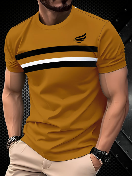 Men'S Casual Crew Neck T-Shirt - 100% Polyester Knit Fabric, Slight Stretch, Solid Color, Regular Fit, 3D Stripe Design
