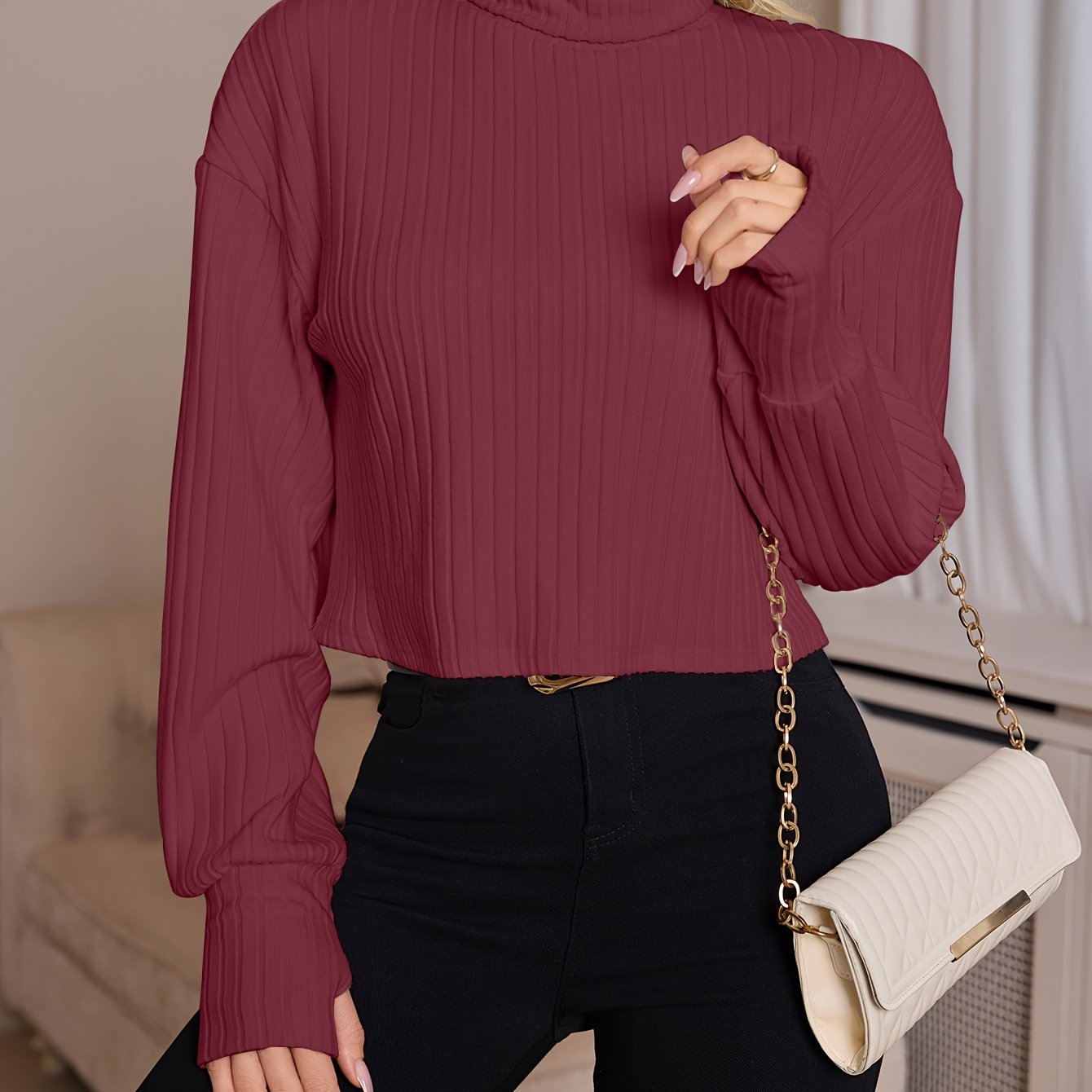 Women'S High Neck Knit Turtleneck T-Shirt, Solid Color Polyester 95% Spandex 5% Blend, Short Length, Fall/Winter Collection, 210g/m² Knit Fabric