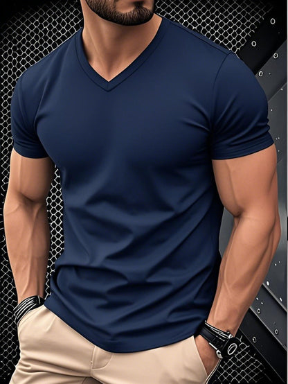 1pc Men's Light Blue Solid Color V-Neck Casual T-Shirt - Breathable Regular Fit Short Sleeve Tee for Spring Summer, Gym, Office & Casual Attire