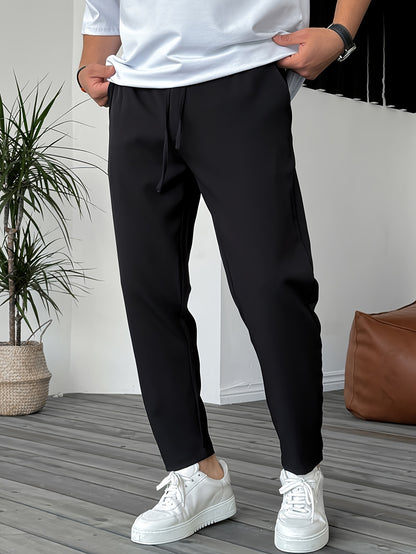 Men's Solid Pants With Pockets, Casual Drawstring Trousers For Outdoor Activities Gift