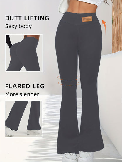 High-Waisted Flared Leggings for Women - Stretchy Black Polyester Pants with Tummy Control, Slimming Fit, and Breathable Design for Spring/Summer/Fall Casual Wear, Spring Summer Leggings | Fitted Leggings | Elastic Waistband