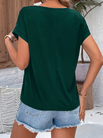 Women's Batwing Short Sleeve T-Shirt - Lace Contrast Raglan Sleeves, Round Neck Longline Top, Burgundy & White Elegant Design, Machine Washable All-Season Casual Wear, Vacation Clothing, Nontransparent Fabric